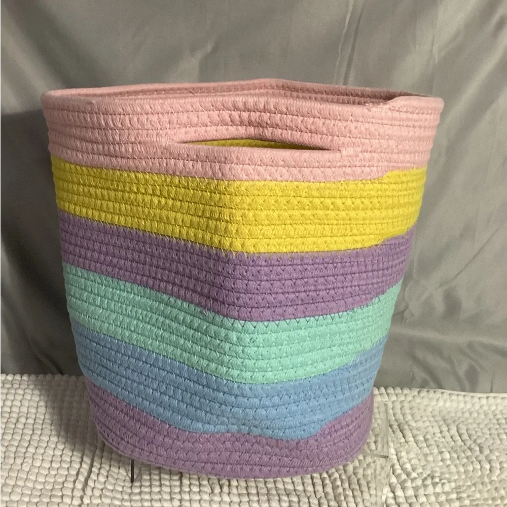 Woven Cotton Rope Storage Basket In Pastel Stripes with Handles, Fit Cube Shelf